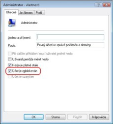 Účet Administrator — vlastnosti